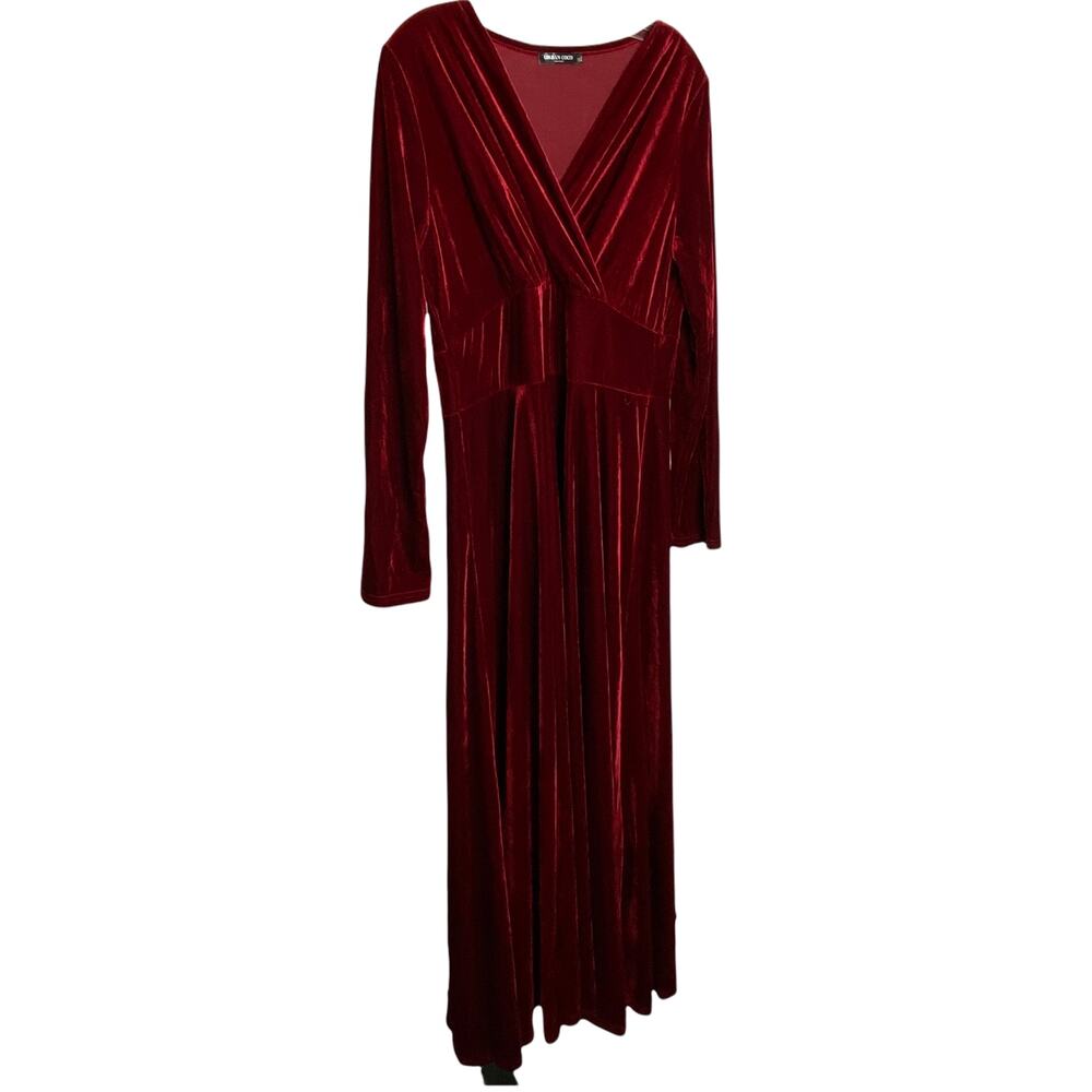 Urban Coco Burgundy Velvet Maxi Dress Womens XL Long Sleeve V-Neck Empire Waist
